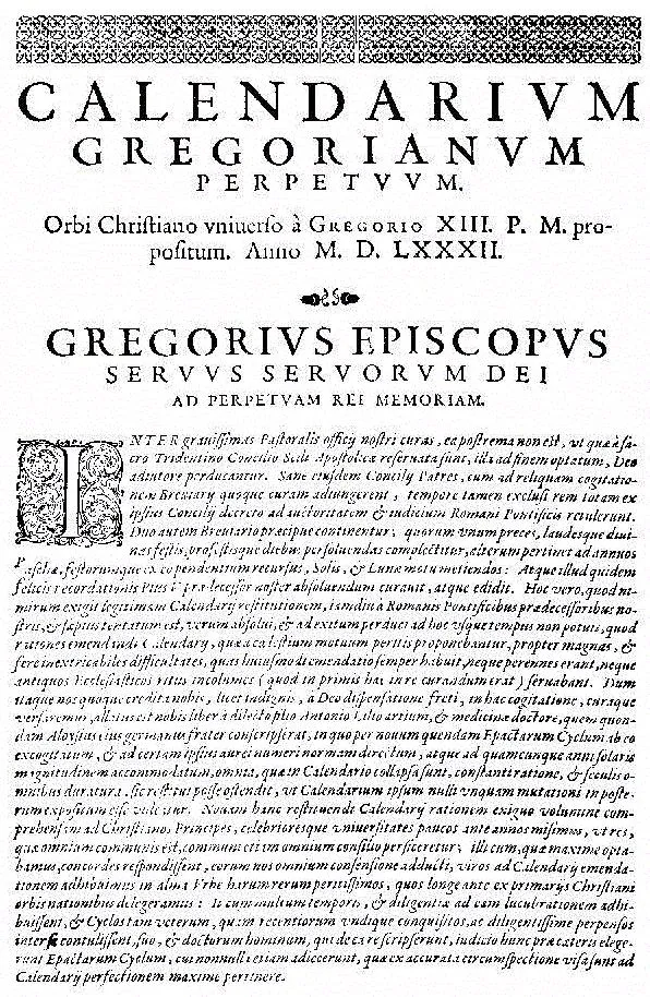 Prva strana papske bule Inter gravissimas iz 1582. godine