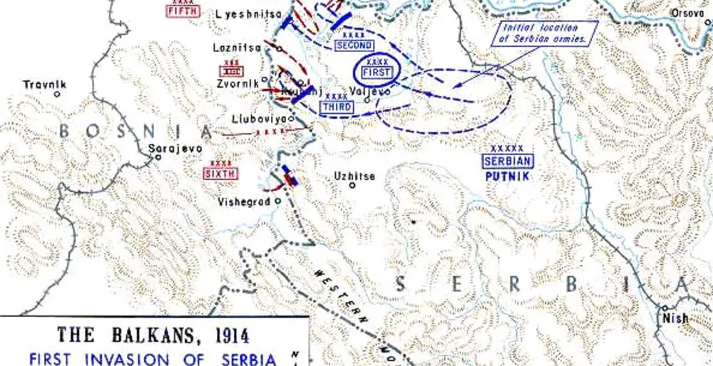 Vojna mapa prve austrougarske invazije na Srbiju, avgust 1914.